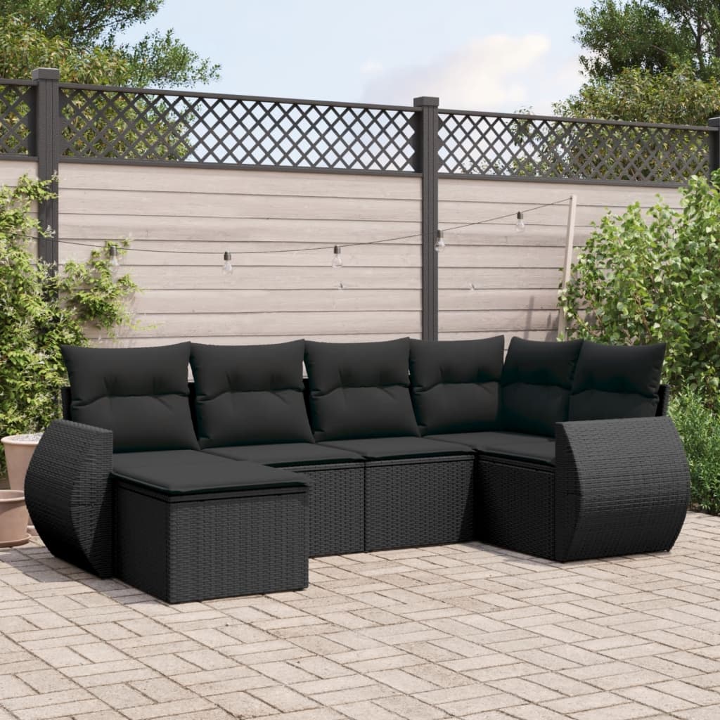 Salon de jardin 6 pcs avec coussins noir résine tressée