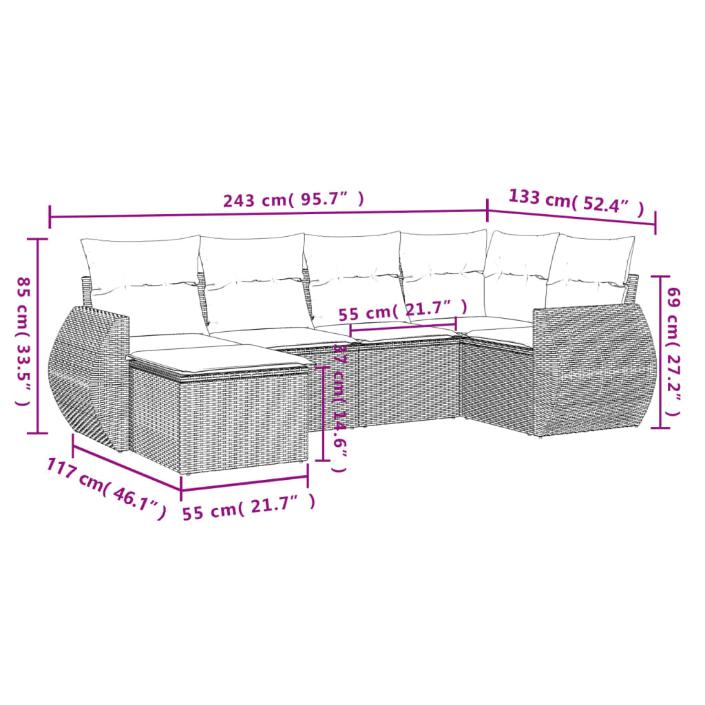 Salon de jardin avec coussins 6 pcs marron résine tressée