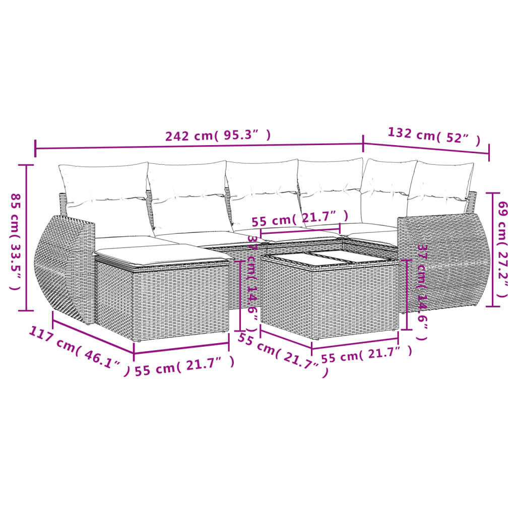 Salon de jardin avec coussins 7 pcs marron résine tressée