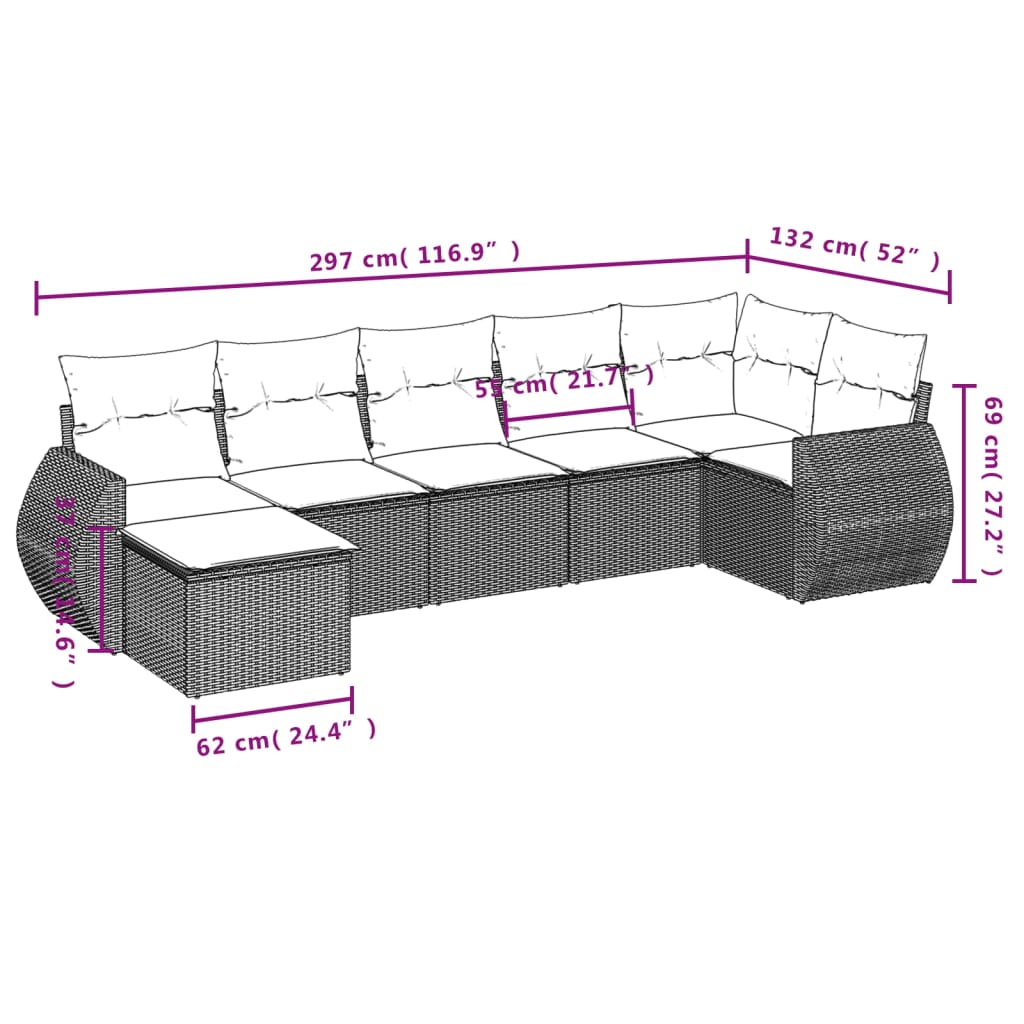 Salon de jardin 7 pcs avec coussins noir résine tressée