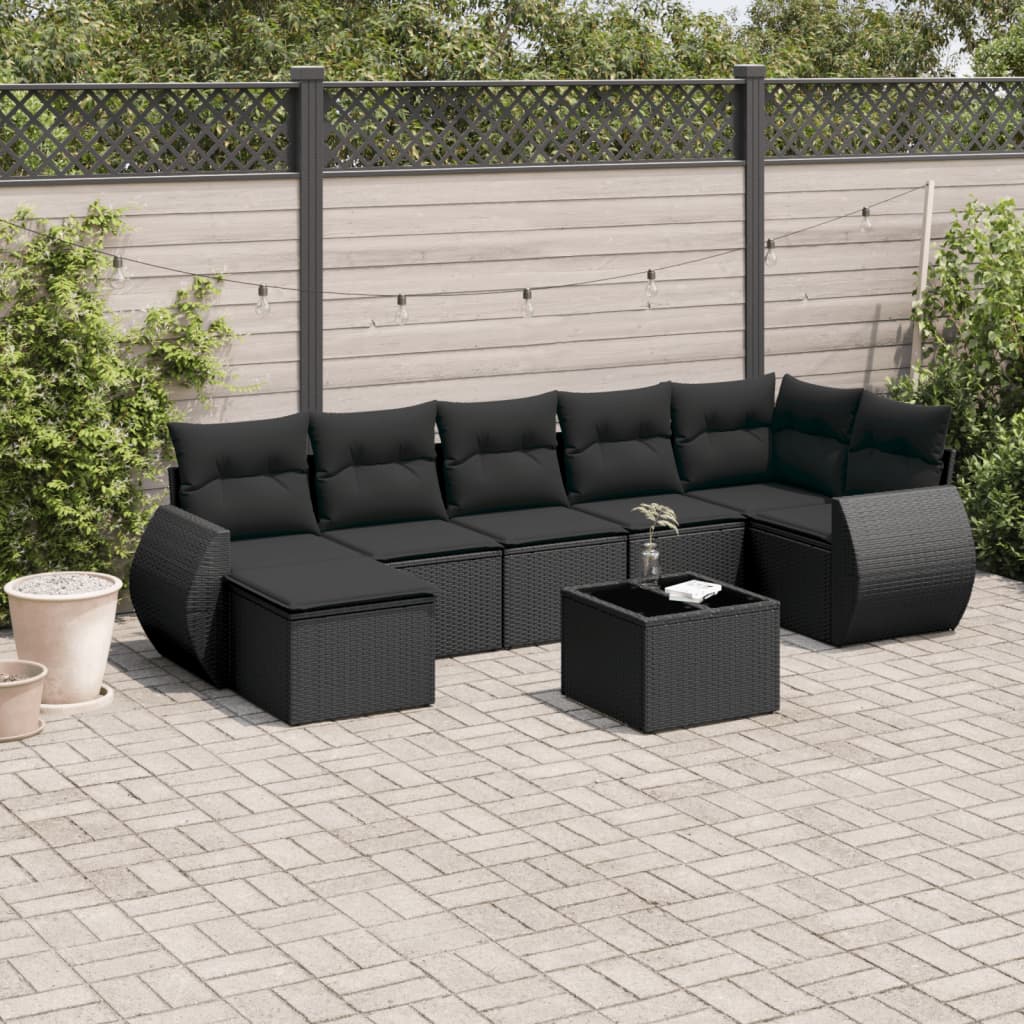 Salon de jardin 8 pcs avec coussins noir résine tressée