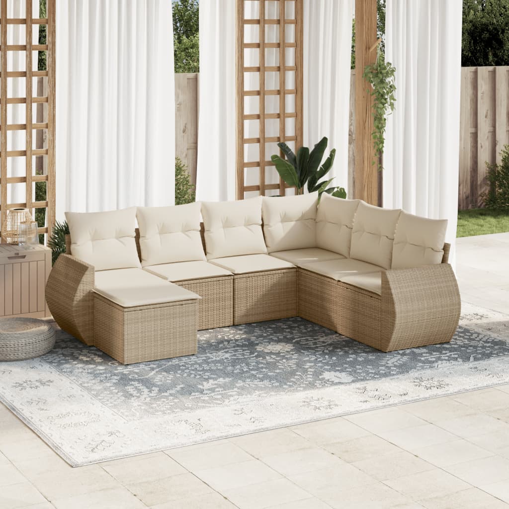 Salon de jardin avec coussins 7 pcs beige résine tressée