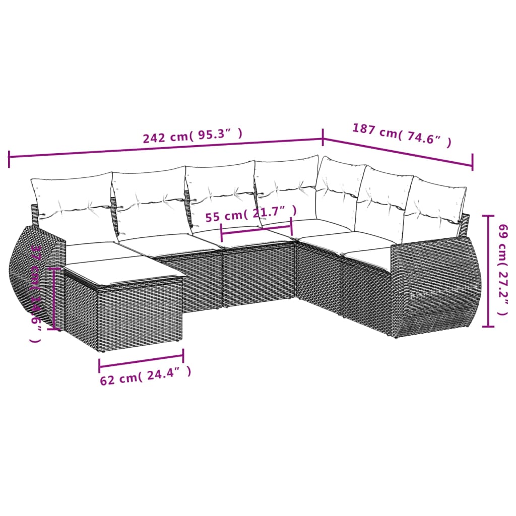 Salon de jardin avec coussins 7 pcs marron résine tressée