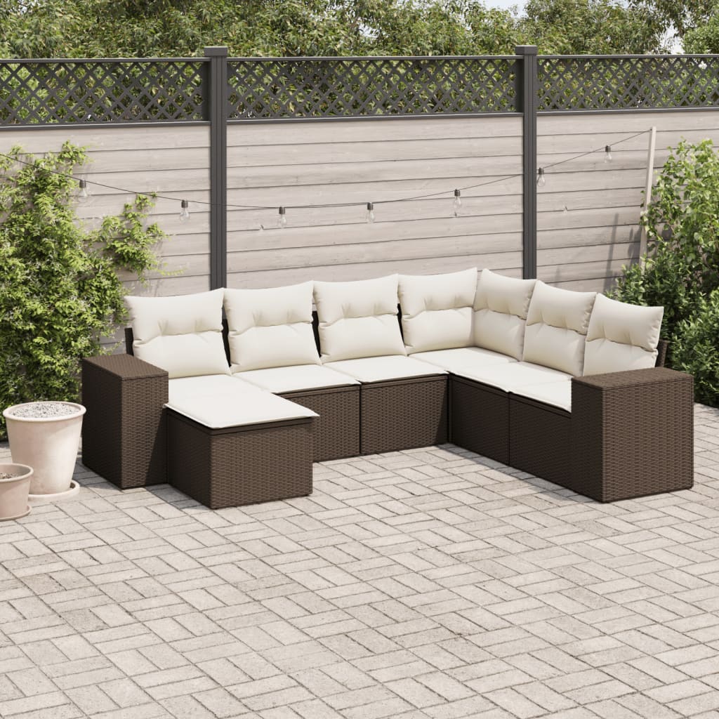 Salon de jardin avec coussins 7 pcs marron résine tressée