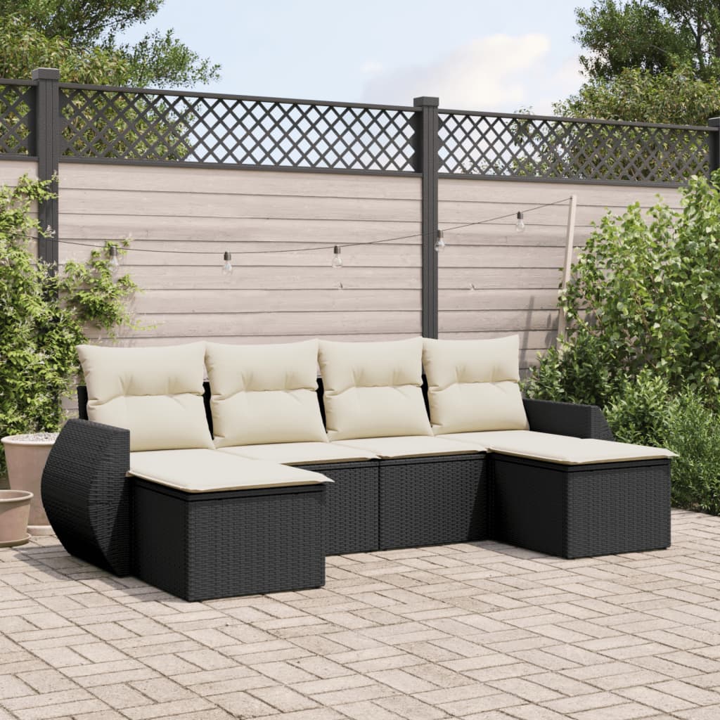 Salon de jardin 6 pcs avec coussins noir résine tressée