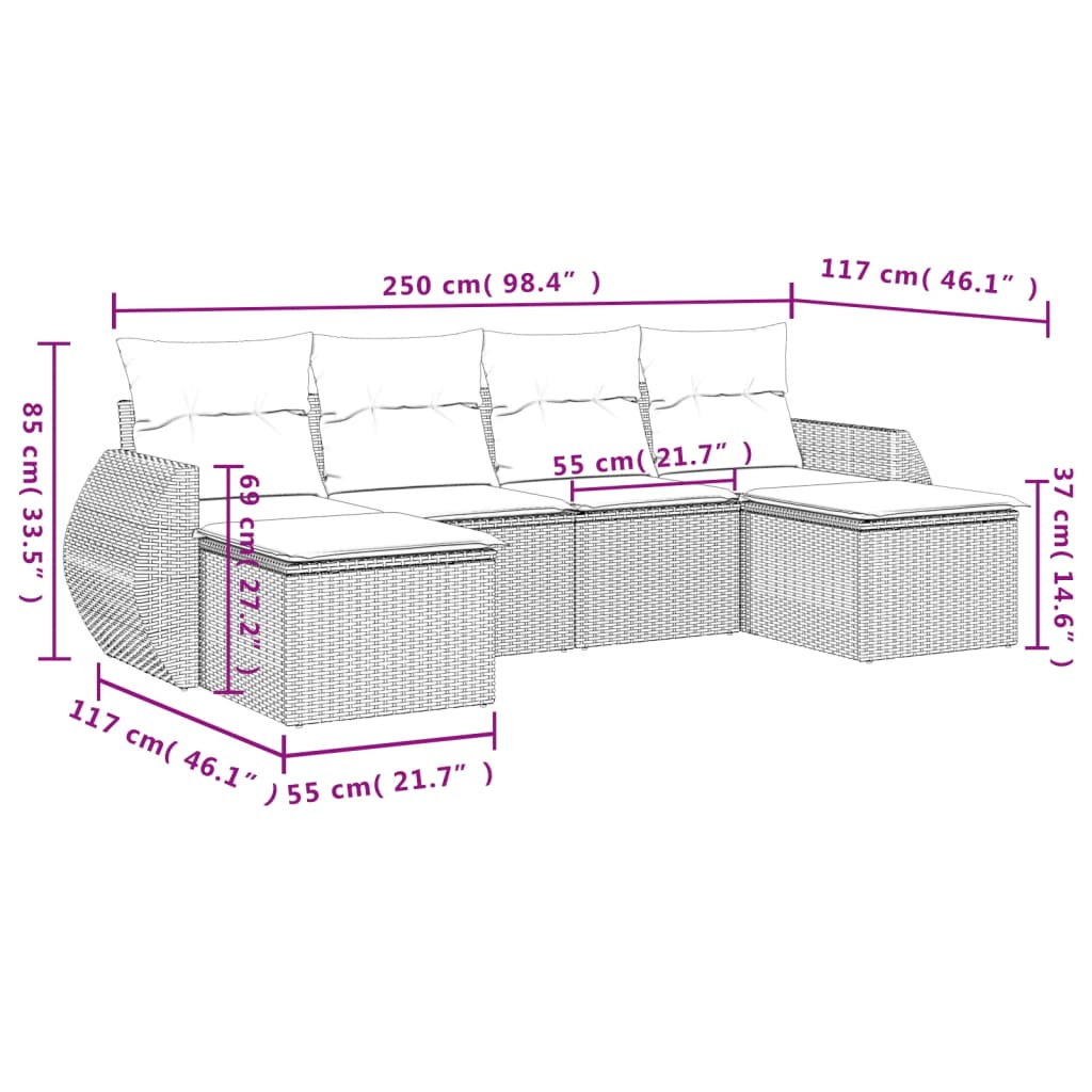 Salon de jardin avec coussins 6 pcs marron résine tressée