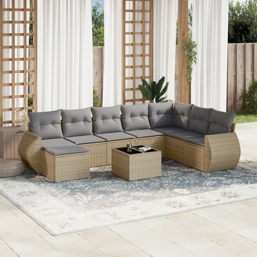 Salon de jardin avec coussins 9 pcs beige résine tressée