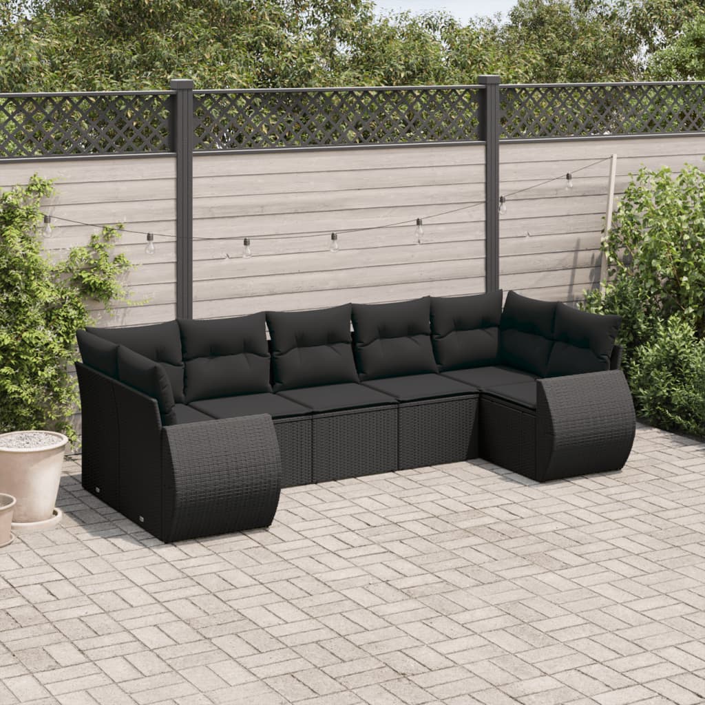 Salon de jardin 7 pcs avec coussins noir résine tressée