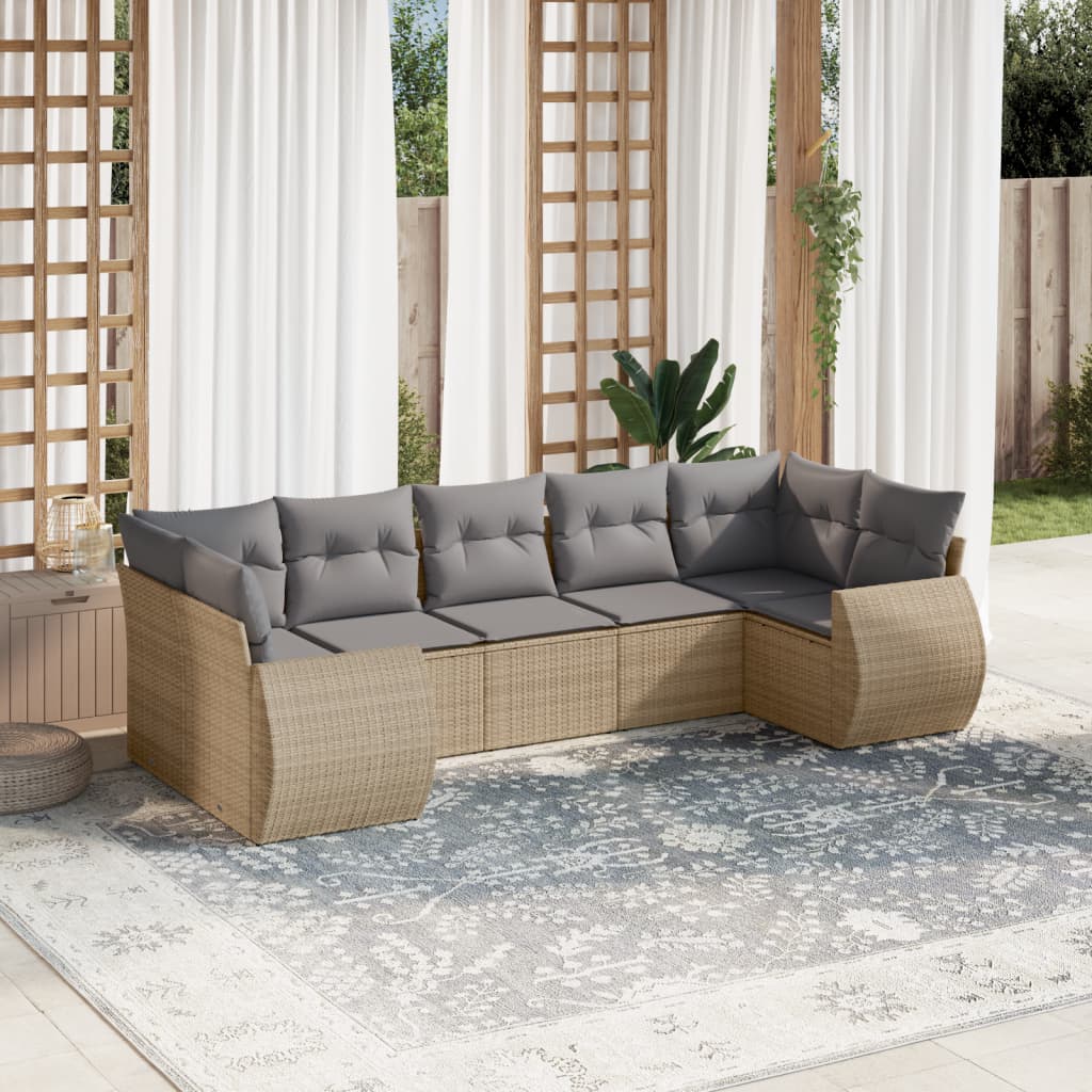 Salon de jardin avec coussins 7 pcs beige résine tressée