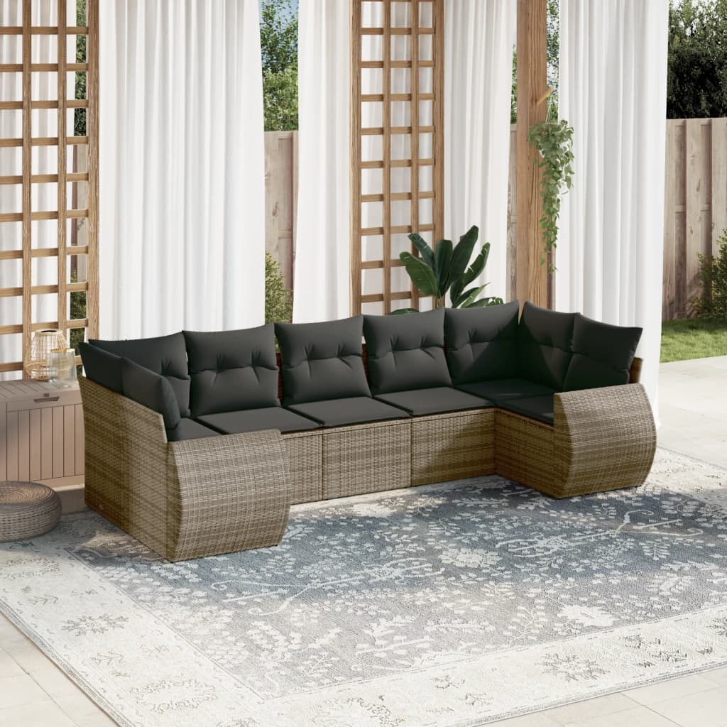 Salon de jardin avec coussins 7 pcs gris résine tressée