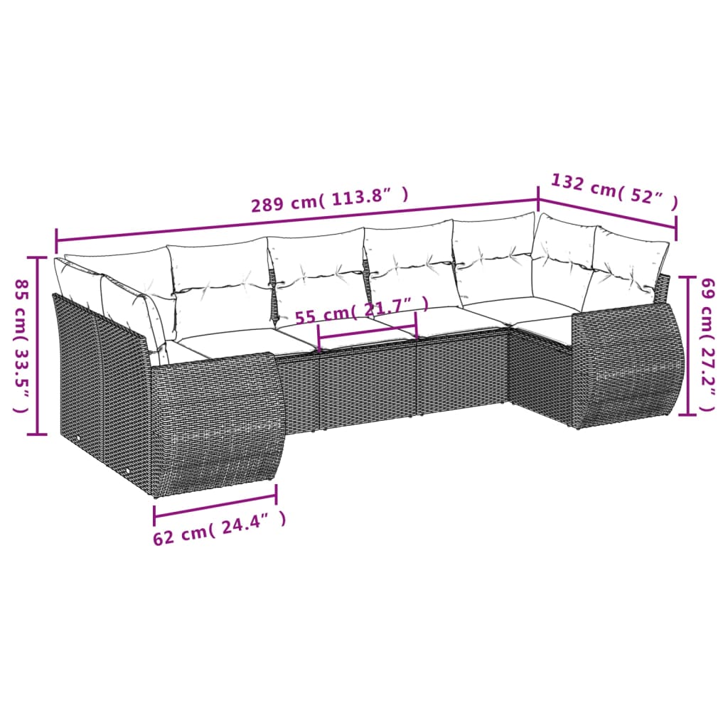 Salon de jardin avec coussins 7 pcs marron résine tressée