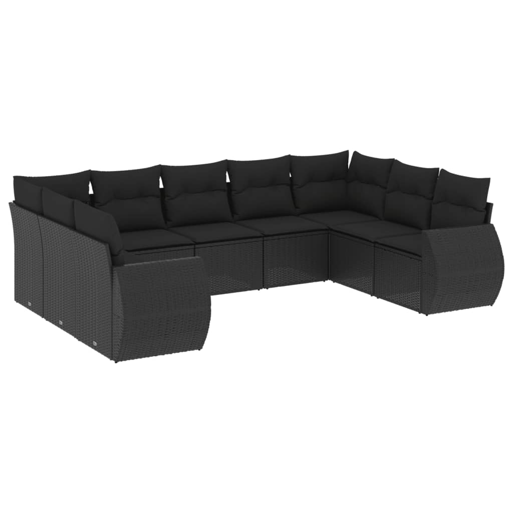 9-piece garden furniture set with black resin wicker cushions