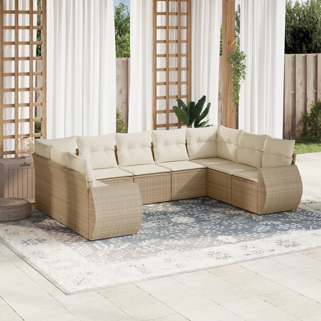 Salon de jardin avec coussins 9 pcs beige résine tressée