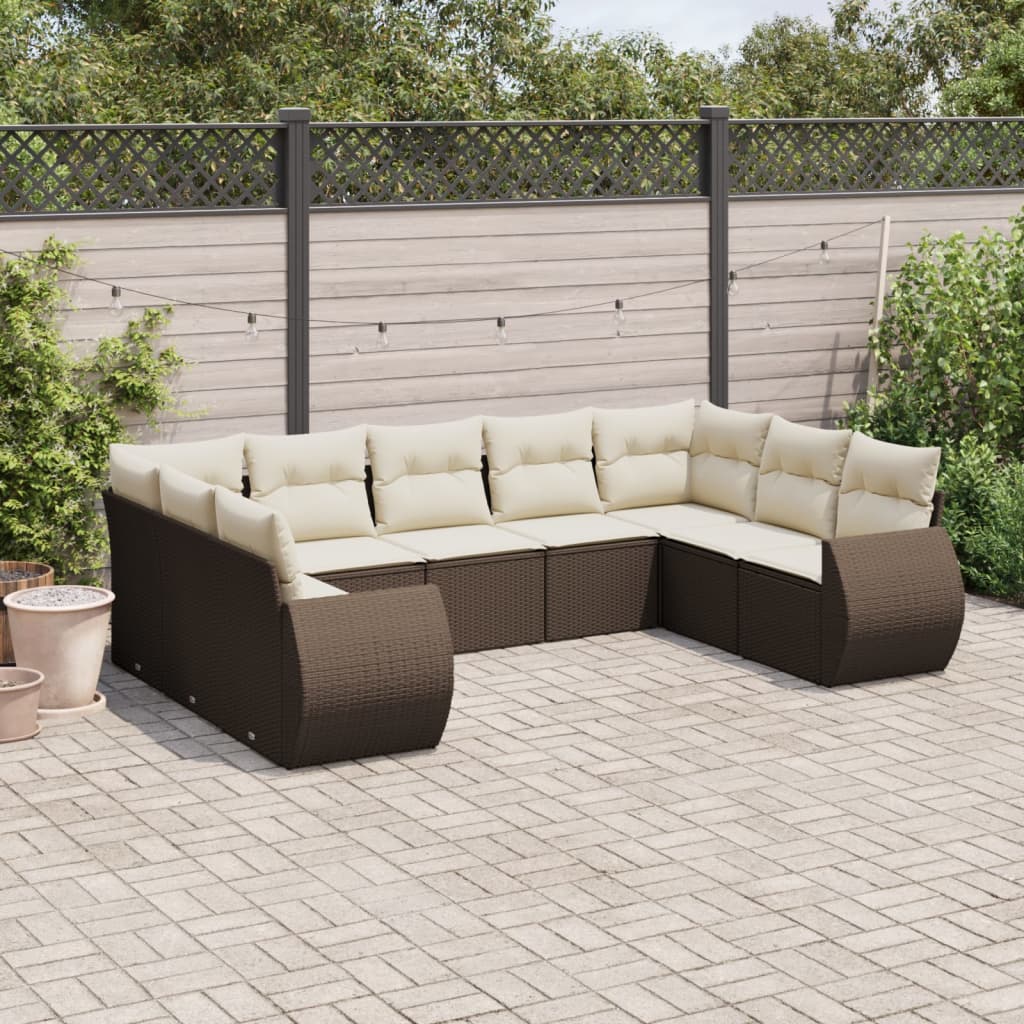 Salon de jardin avec coussins 9 pcs marron résine tressée