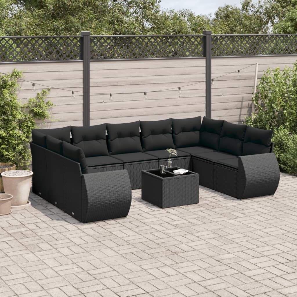 Salon de jardin 10 pcs avec coussins noir résine tressée