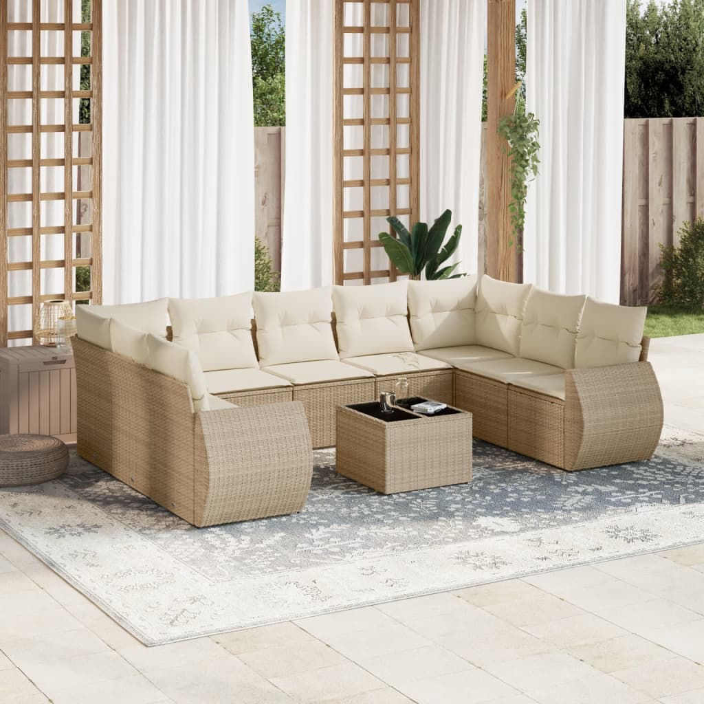 Salon de jardin avec coussins 10 pcs beige résine tressée