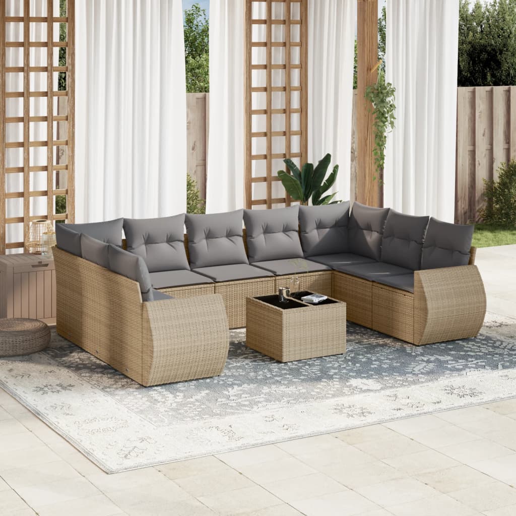 Salon de jardin avec coussins 10 pcs beige résine tressée