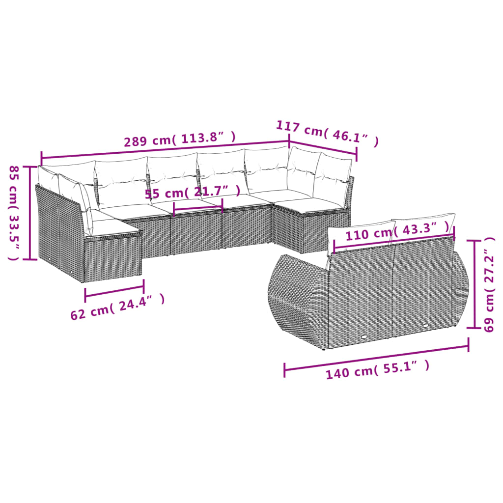 9-piece garden furniture set with black resin wicker cushions