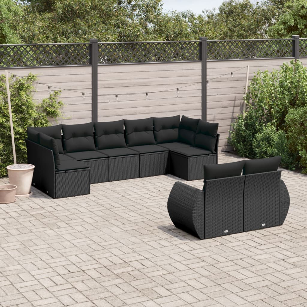 Salon de jardin 9 pcs avec coussins noir résine tressée