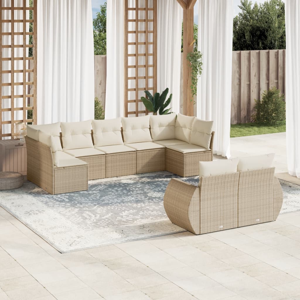 Salon de jardin avec coussins 9 pcs beige résine tressée