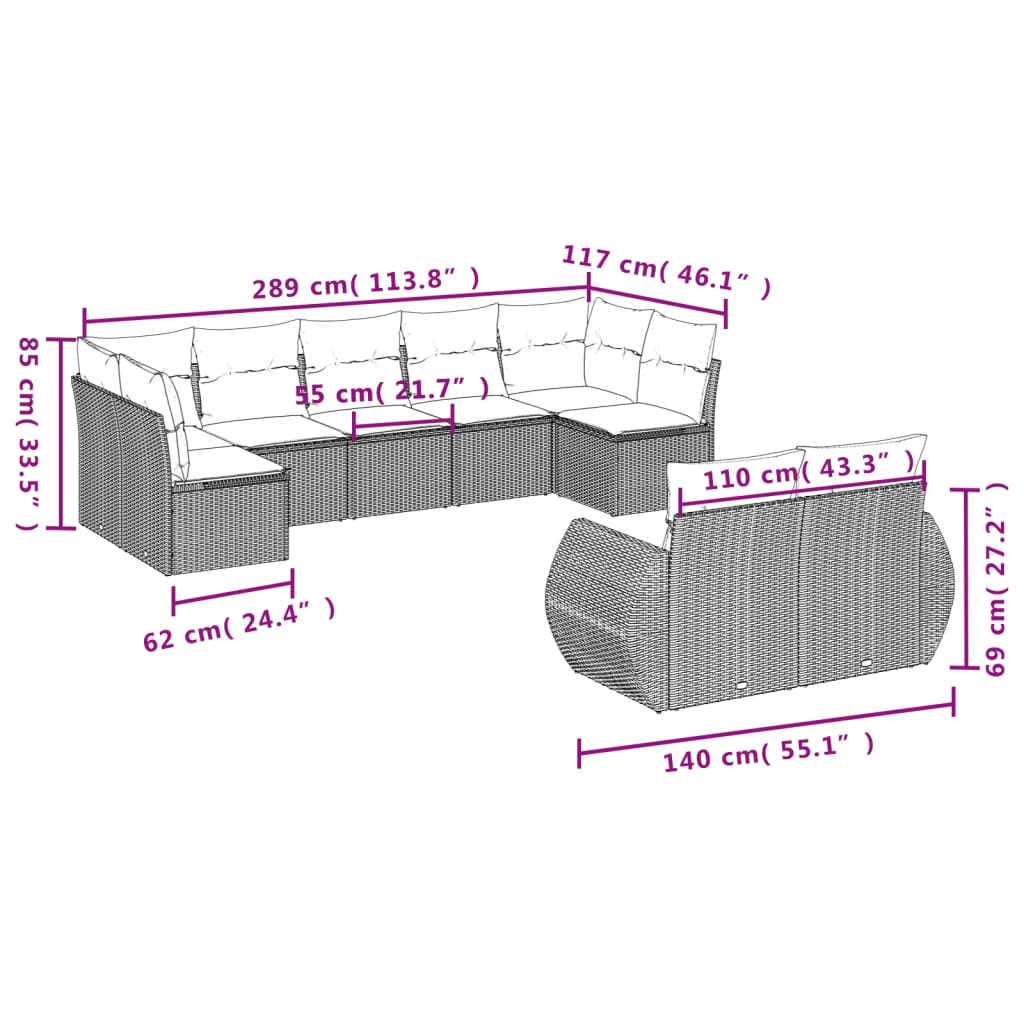 Garden furniture set with cushions 9 pcs beige woven resin