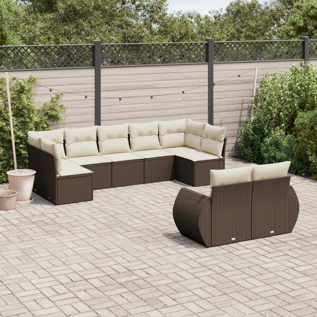 Salon de jardin avec coussins 9 pcs marron résine tressée