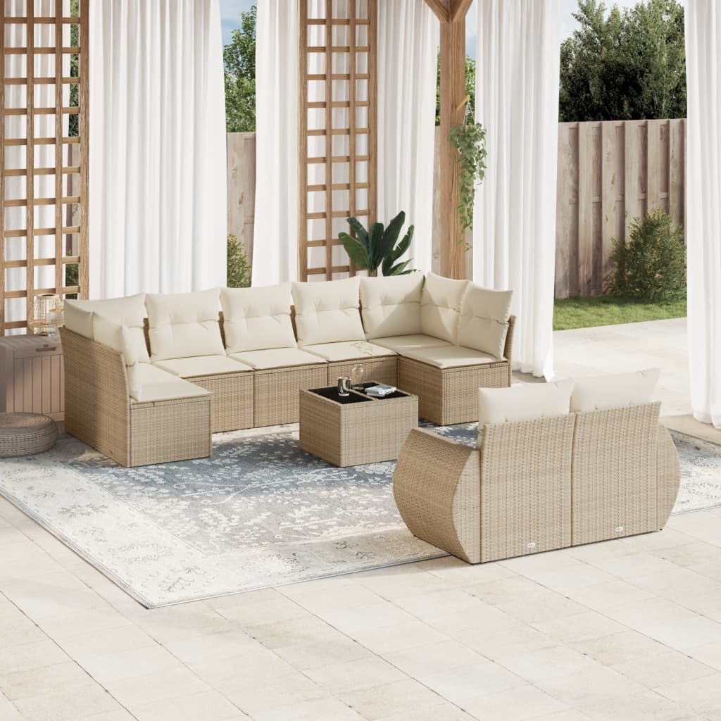 Salon de jardin avec coussins 10 pcs beige résine tressée