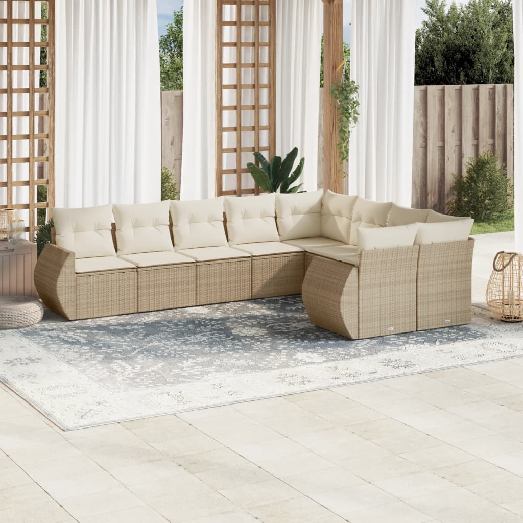 Salon de jardin avec coussins 9 pcs beige résine tressée