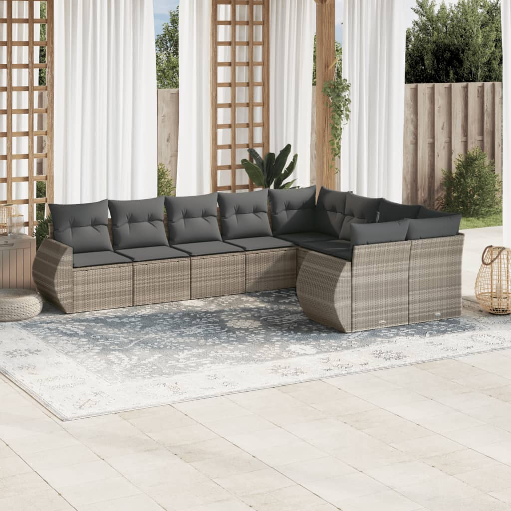 Salon de jardin 9 pcs avec coussins gris clair résine tressée