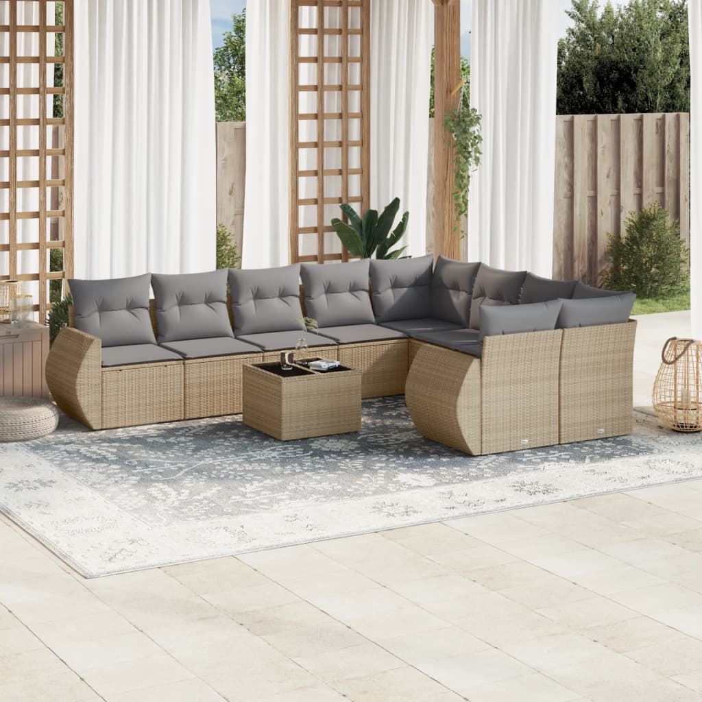 Salon de jardin avec coussins 10 pcs beige résine tressée