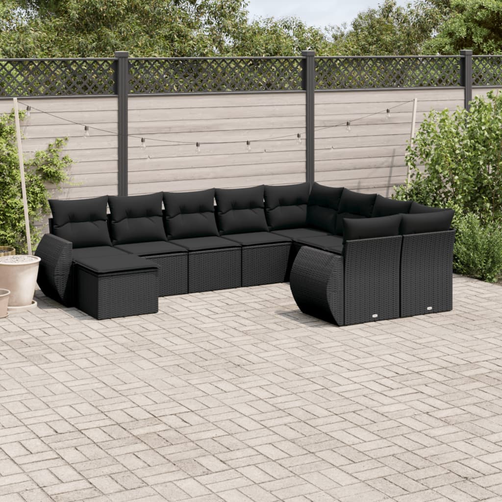 Salon de jardin 10 pcs avec coussins noir résine tressée