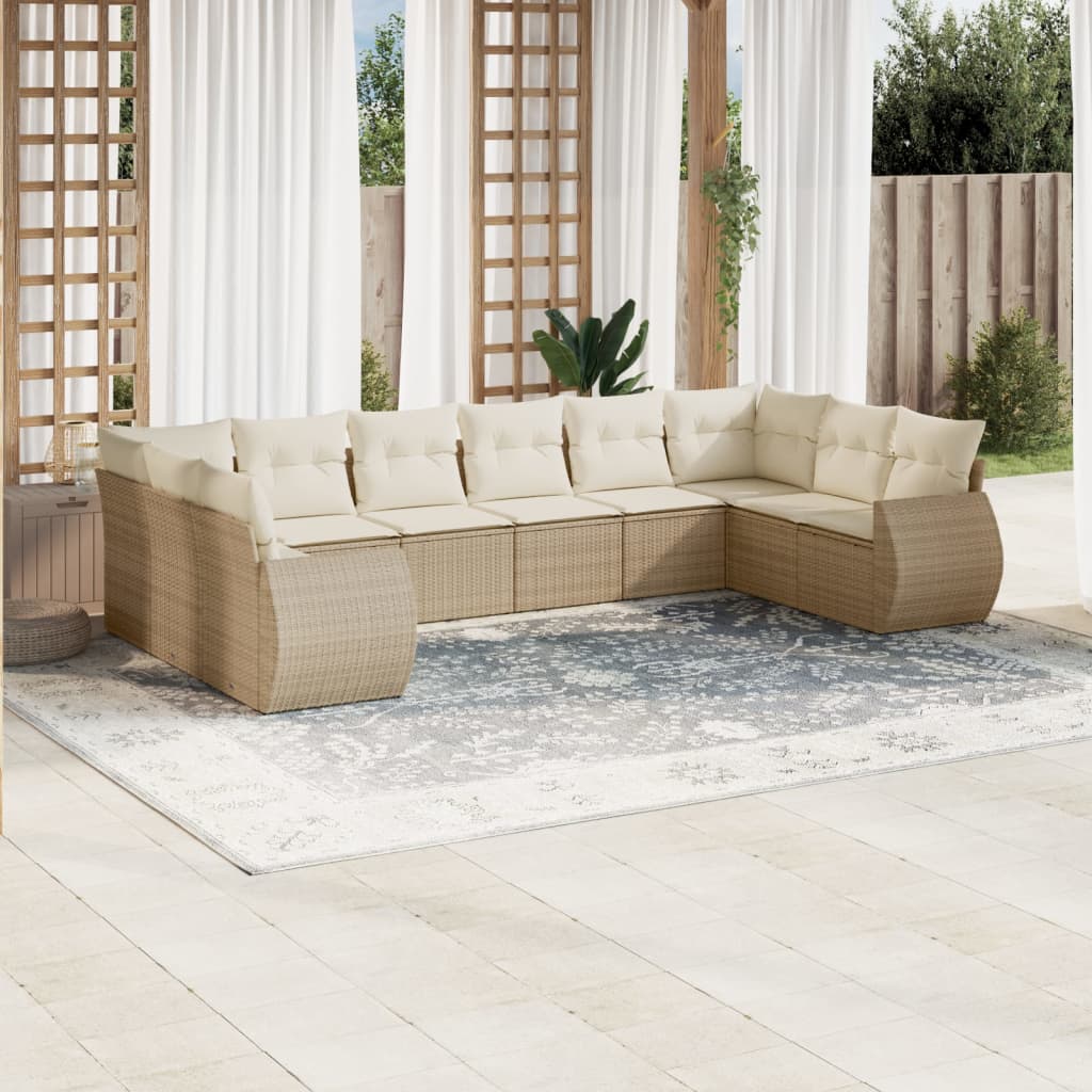 Salon de jardin avec coussins 10 pcs beige résine tressée