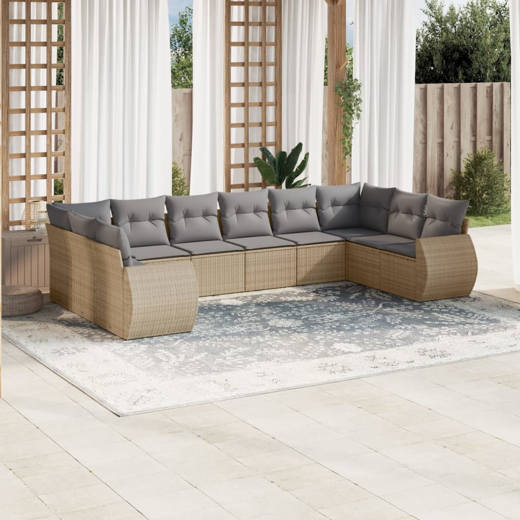 Salon de jardin avec coussins 10 pcs beige résine tressée