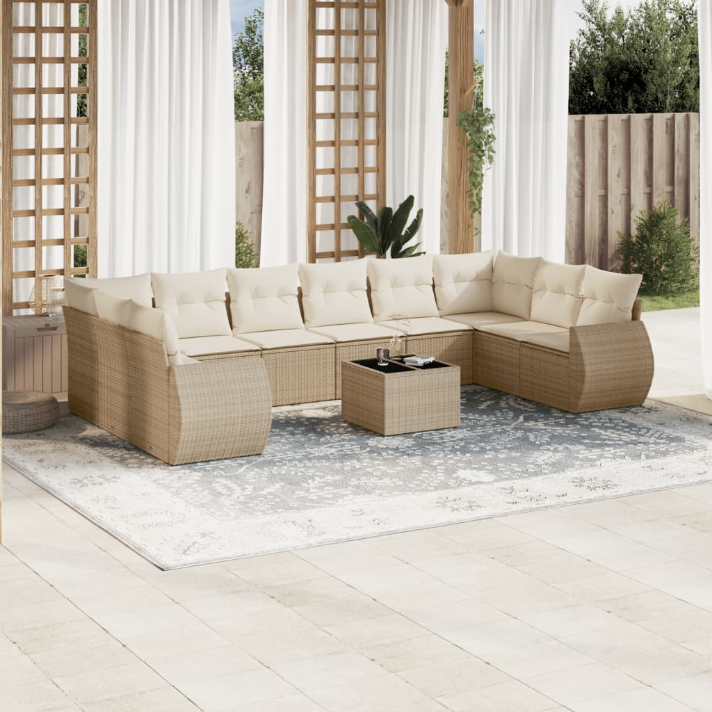 Salon de jardin 11 pcs avec coussins beige résine tressée