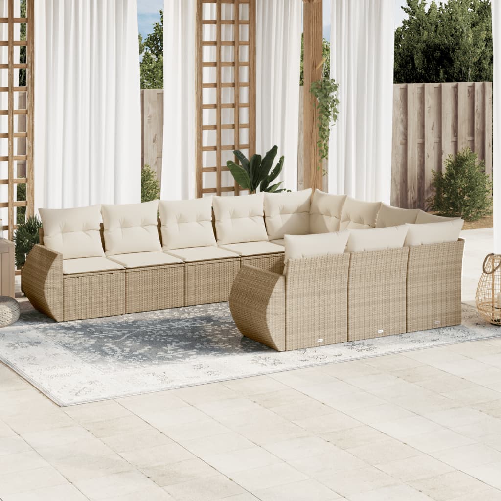 Salon de jardin avec coussins 10 pcs beige résine tressée