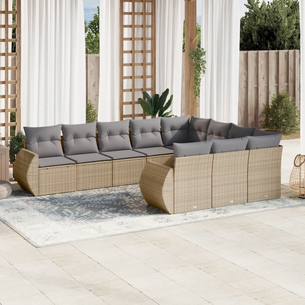 Salon de jardin avec coussins 10 pcs beige résine tressée