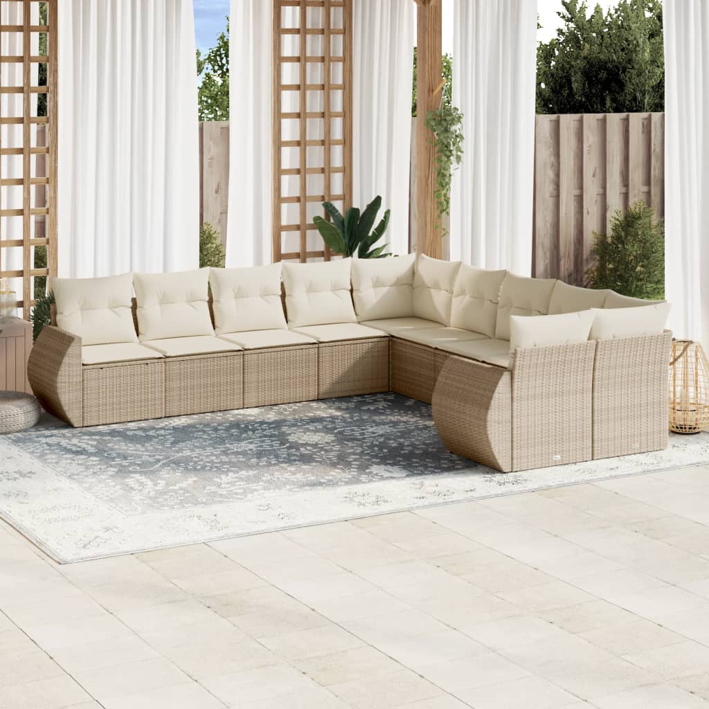 Salon de jardin avec coussins 10 pcs beige résine tressée