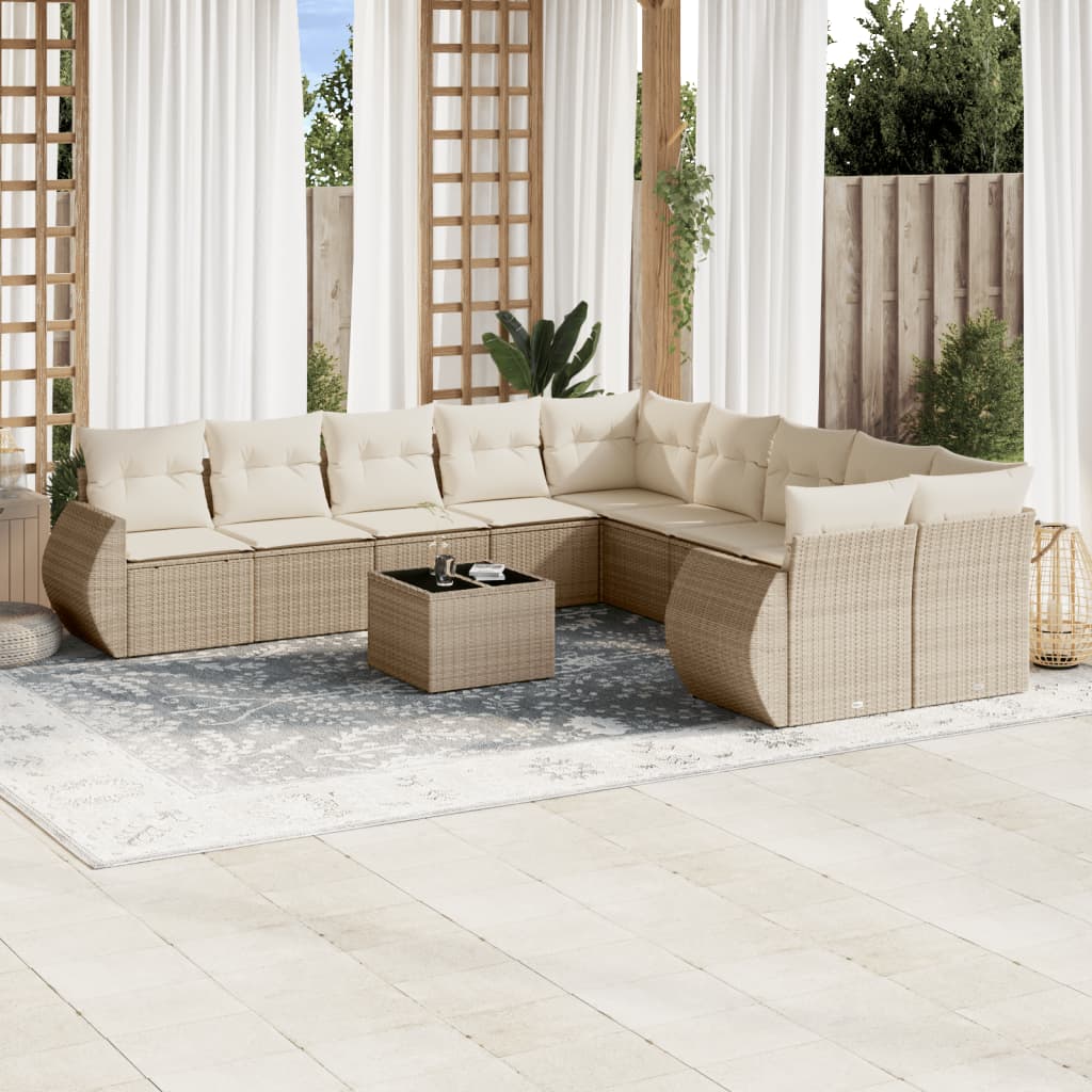 Salon de jardin 11 pcs avec coussins beige résine tressée