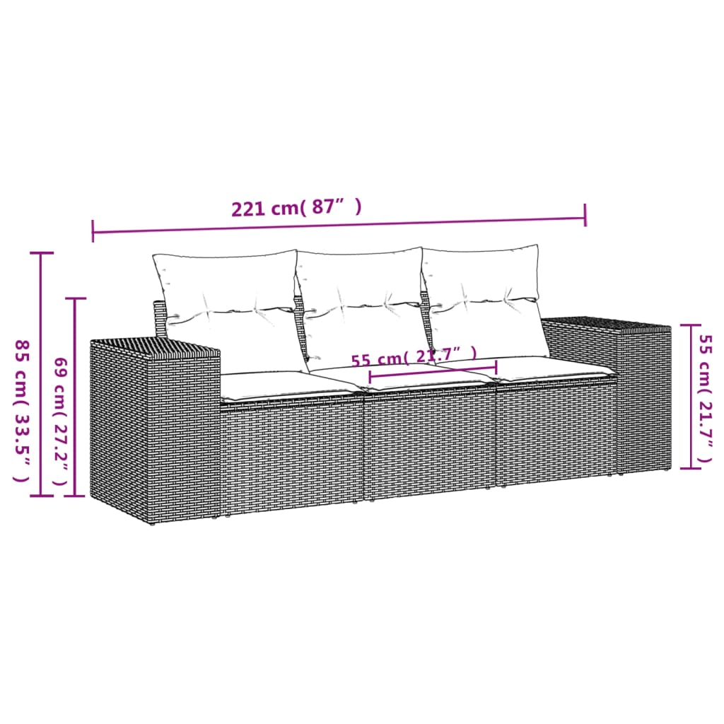 Salon de jardin avec coussins 3 pcs marron résine tressée