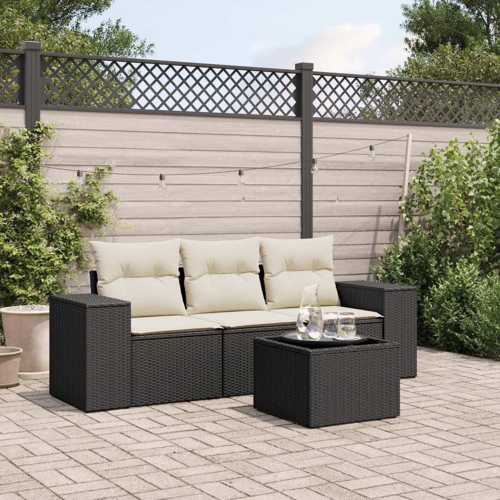 Salon de jardin 4 pcs avec coussins noir résine tressée