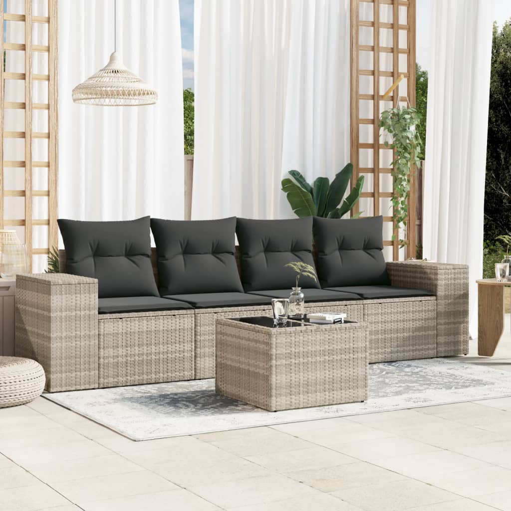 Salon de jardin 5 pcs avec coussins gris clair résine tressée