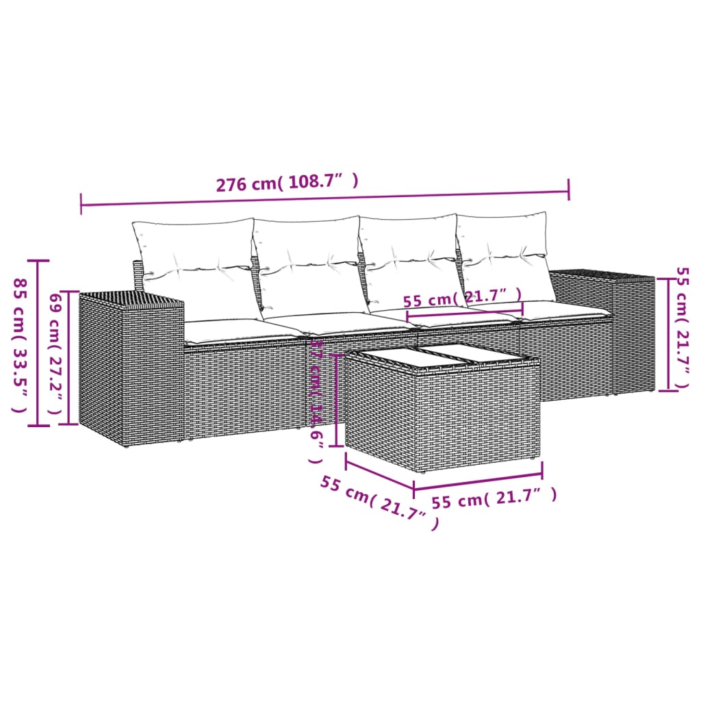 Salon de jardin avec coussins 5 pcs marron résine tressée