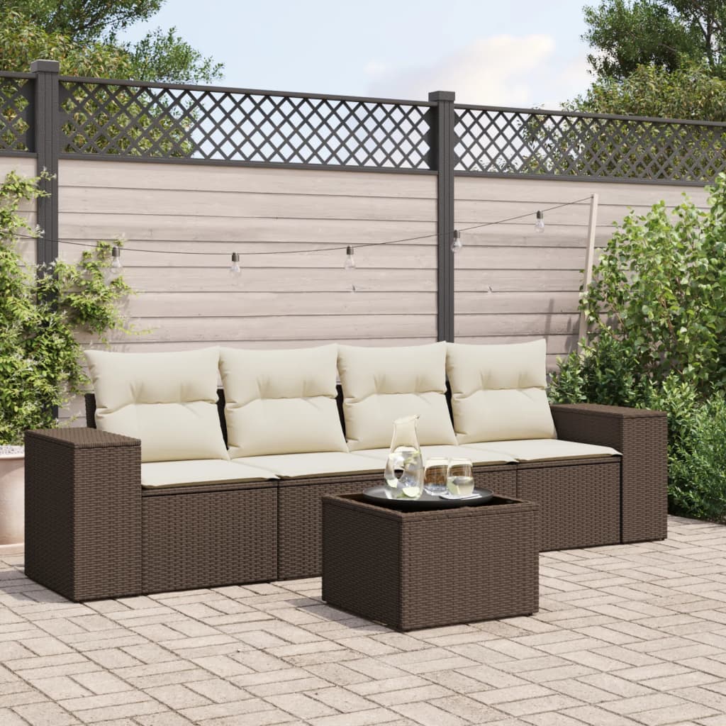 Salon de jardin avec coussins 5 pcs marron résine tressée