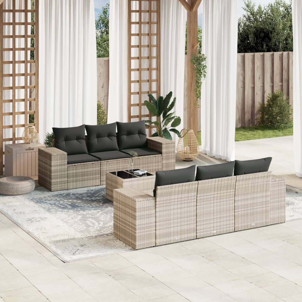 Salon de jardin avec coussins 7 pcs gris clair résine tressée