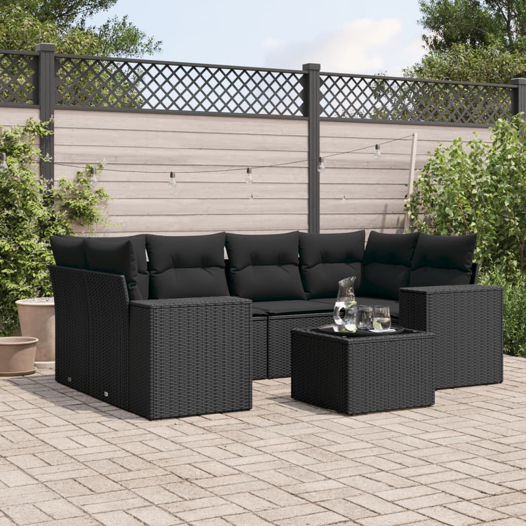 Salon de jardin 7 pcs avec coussins noir résine tressée