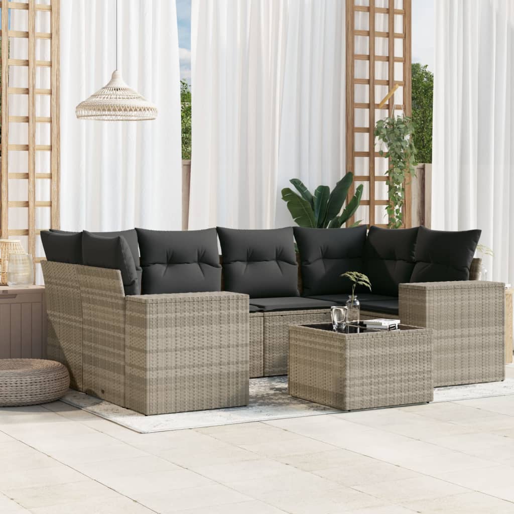 Salon de jardin avec coussins 7 pcs gris clair résine tressée