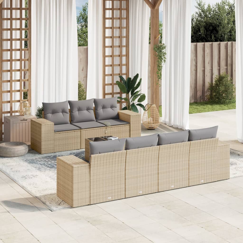 Garden furniture set with cushions 8 pcs beige woven resin