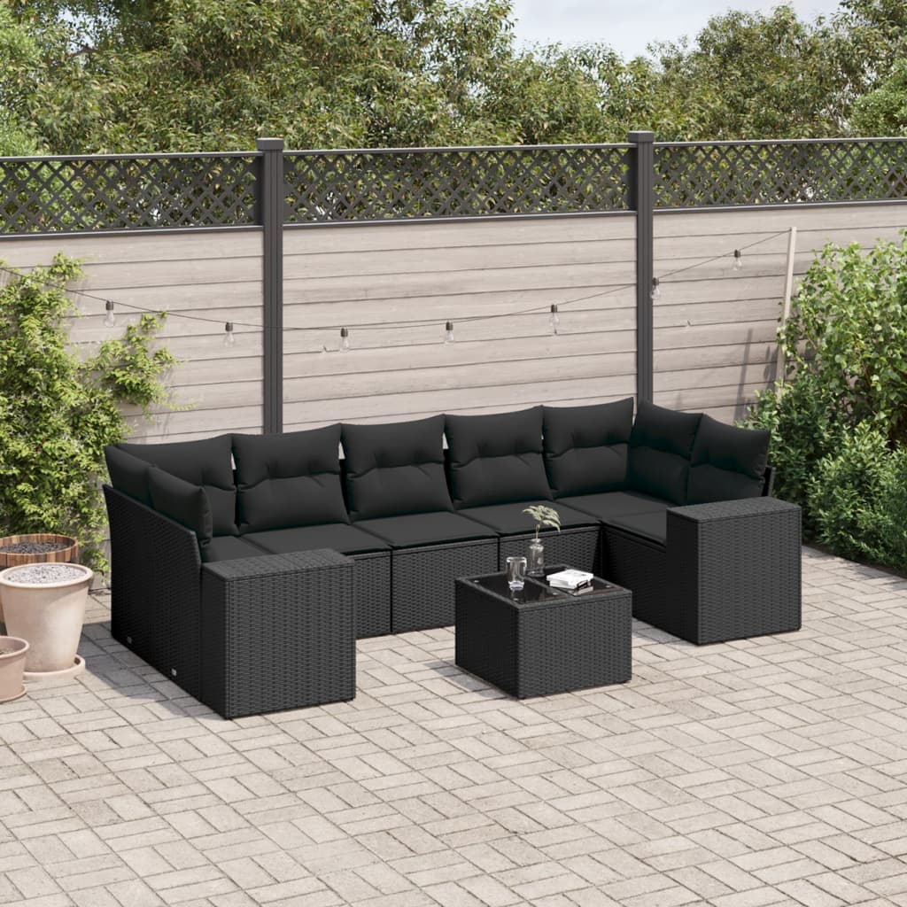 Salon de jardin 8 pcs avec coussins noir résine tressée