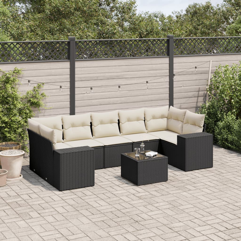 Salon de jardin 8 pcs avec coussins noir résine tressée