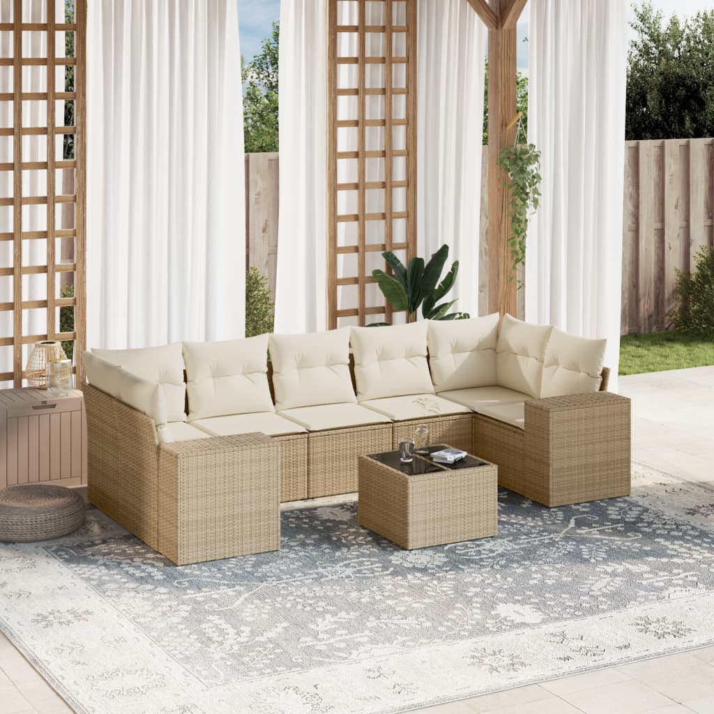 Salon de jardin avec coussins 8 pcs beige résine tressée